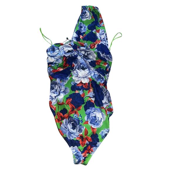 Zara Bodysuit Floral Multicolor One Shoulder Ruched Blue Green Floral M - Picture 3 of 5